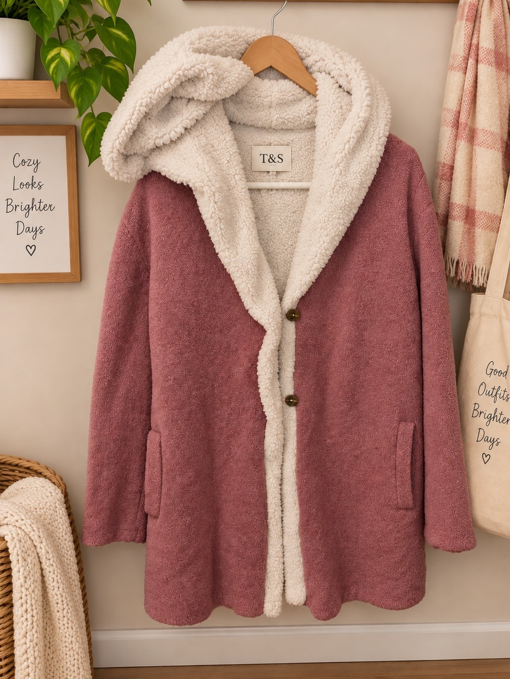 Twine & String XL Mauve Pink Sherpa Lined Hooded Cardigan Jacket Coatigan